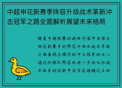 中超申花新赛季阵容升级战术革新冲击冠军之路全面解析展望未来格局
