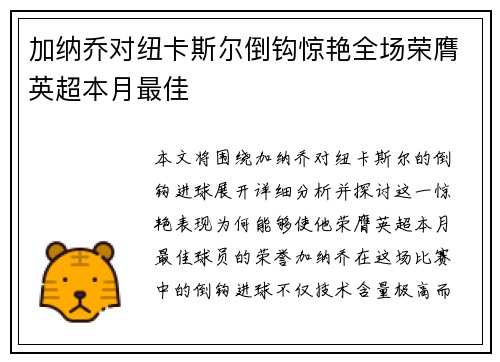 加纳乔对纽卡斯尔倒钩惊艳全场荣膺英超本月最佳