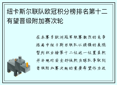 纽卡斯尔联队欧冠积分榜排名第十二有望晋级附加赛次轮