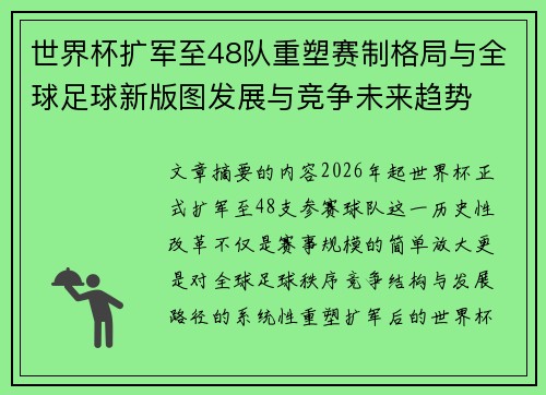 世界杯扩军至48队重塑赛制格局与全球足球新版图发展与竞争未来趋势